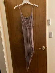 Tan fringe dress, ultra suede, junior size small, asymmetrical hem, lined - Picture 1 of 6