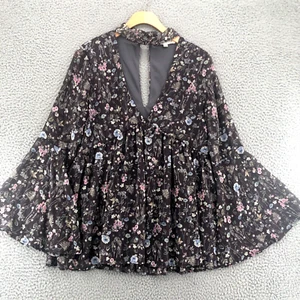 By Together Top Women Small Purple Floral Cutout V Neck Bell Sleeve Pleat Blouse - Picture 1 of 9