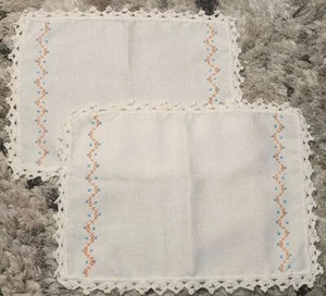 2 servilletas vintage cosidas a mano con apliques bordadas blanco azul naranja algodón - Imagen 1 de 5