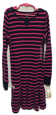 Polo Ralph Lauren 女孩海军蓝粉色条纹长袖连衣裙 M 码 8-10 全新带标签 — 第 1/4 张图片