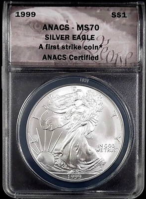 Silver Eagle 1999 certificado First Strike, MS 70 ¡por ANACS! ¡Agudo y brillante! Foto 1 de 4