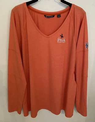 Camisa Cutter & Buck feminina XXL Victory gola V listra laranja PGA Bethpage preta - Imagem 1 de 4