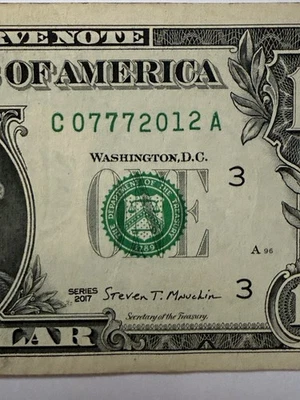 2012 Year Note Triple 7s One Dollar Bill $1 Fancy Serial Number C07772012A 2017 - Image 1 of 4