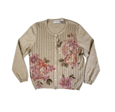 Cárdigan suéter para mujer Alfred Dunner cuentas florales lentejuelas beige tostado cottagecore” Foto 1 de 4