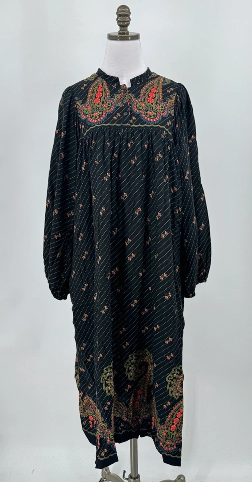 Vintage Lady Lewis Black Floral Long Tunic Dress Puff Sleeve Button Front - Image 1 of 4