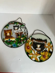2 Vintage Round Stained Glass Suncatchers 10" Cats and Flowers - Picture 1 of 20
