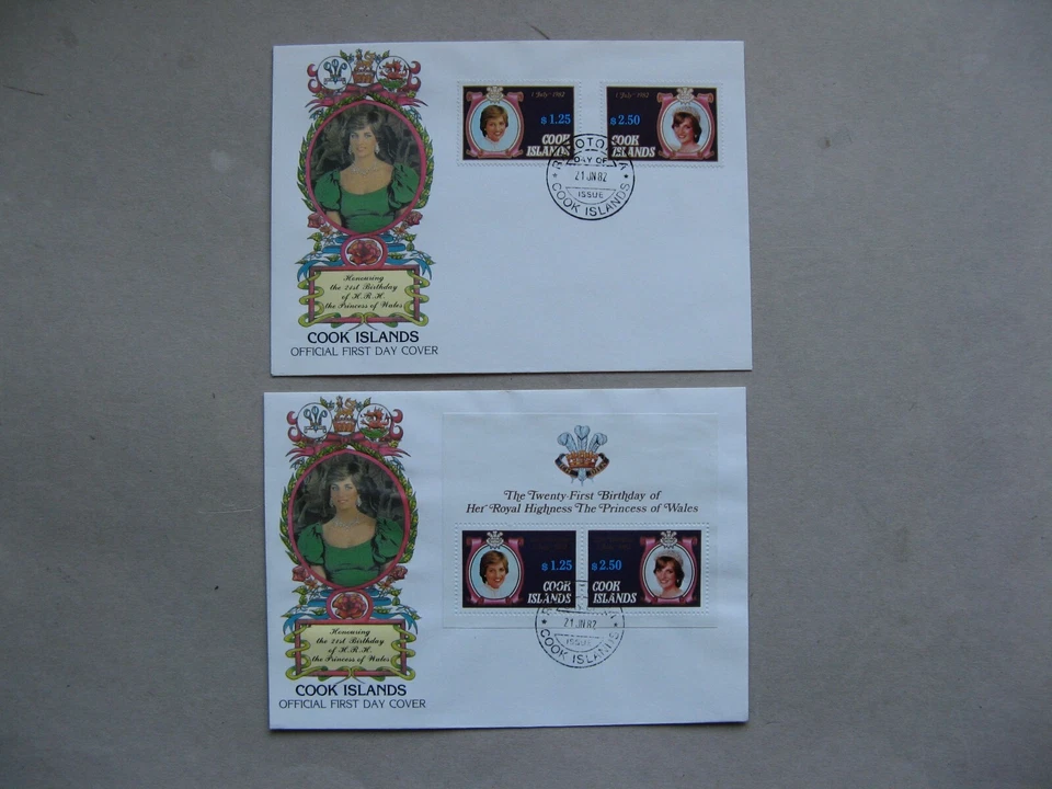 COOK ISLANDS, 2x cover FDC 1982, set + S/S , 21st birthday Princess Diana, royal - Image 1 of 1