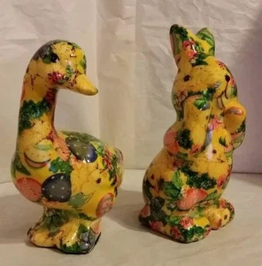 Ceramic Decoupage Yellow Rabbit and Duck, Adorned With Eggs, Chicks, Flowers 8" - Picture 1 of 3