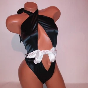 Victoria Secret Lingerie Teddy One Piece Bodysuit Black White High Neck Satin Bo - Picture 1 of 7