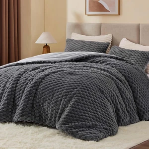 3 Pieces Fluffy Queen Comforter Set - Grey Fleece Soft Comforter, Luxury Warm - Picture 1 of 12