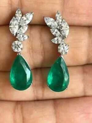 Women Drop Dangle Earrings 2 CT Pear Cut Simulated Emerald 14K White Gold Plated - Image 1 of 4