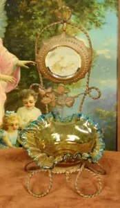 Beautiful Antique French Toleware Watch / Jewellery Stand, Mirror & Glass Bowl - Picture 1 of 12