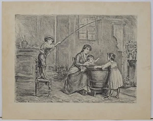 Radierung Radierung Gravur "Familienszene mit Wäsche" BELA SZIKLAY 50er Jahre - Bild 1 von 4