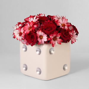 White & Silver Dice Vase, Maximalist Decor Large Ceramic Flower Vase, Retro Home