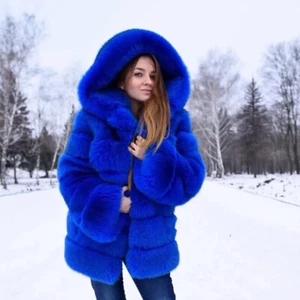 Women Genuine Fox Fur Coat Blue Hood Natural Fur Warm Jackets Full Pelt Overcoat - Picture 1 of 11