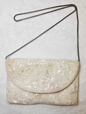 Vintage Walborg White Hand Beaded Clutch / Hand Bag Purse Gold Metal Chain strap - Image 1 of 4