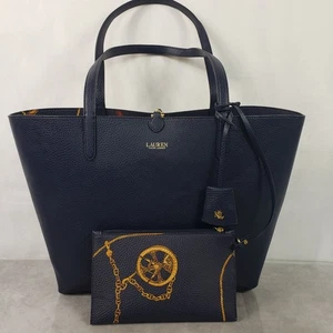 Lauren Ralph Lauren Tote Bag Womens Large Navy Blue Reversible Shopper Purse Set - Picture 1 of 14