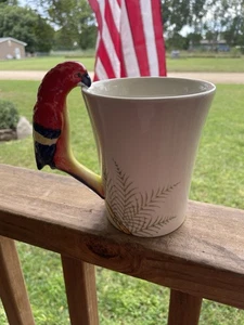 Pier 1 Parrot Handle Coffee Mug 16 Oz 3-D Tropical Handpainted Birds Jungle - Picture 1 of 8