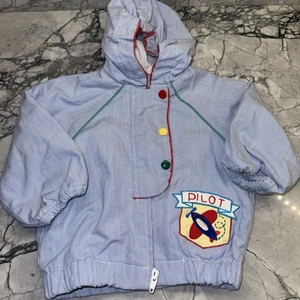 Vintage Tiny Tots 12 Month Blue Pinstripe Pilot Jacket Hooded Lightweight Plane - Picture 1 of 4