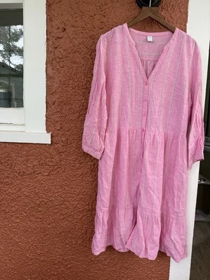 OLD NAVY DRESS Shirt Button Size Large Pink Stripes Linen Blend Summer Colorful - Image 1 of 4