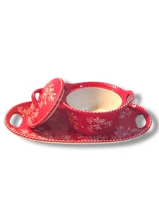 Temptations Red Floral Lace plate and covered soup bowl 16OZ PPP-LD-477047 - Picture 1 of 5