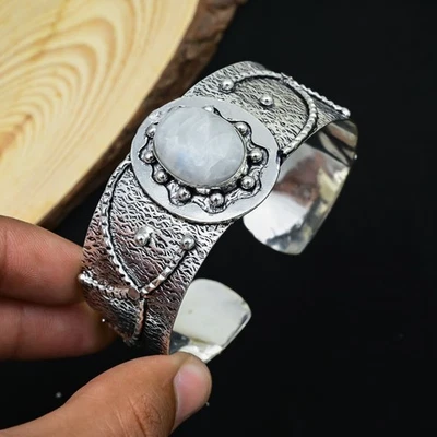 Brazalete brazalete brazalete de joyería hecha a mano con piedras preciosas de plata esterlina 925 con piedra lunar arco iris regalo Foto 1 de 4