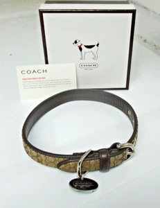 NEW COACH BROWN LEATHER JACQUARD SIGNATURE C DOG PET COLLAR 4003 SIZE MEDIUM - Picture 1 of 13