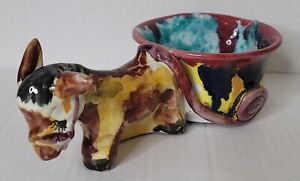 Vintage Ceramic Donkey Planter Italy Hand Painted Mule and Cart Planter 