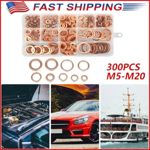 300X Copper Crush Washer Gasket Set Flat Ring Seal Assortment Kit For M5-M20 Kit - Picture 1 of 8