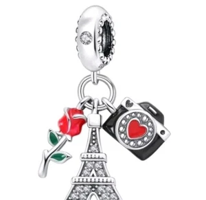 Pulseras europeas con dije colgante para cámara de viaje Paris Eiffel de plata de ley - Imagen 1 de 3