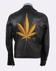 Palm Angels Marijuana Leaf Embroider Leather Biker Jacket S EU46 RRP£1225 Black