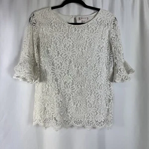 Top Nanette Lepore in pizzo bianco con volant mezza manica bordo smerlato Cottagecore M - Foto 1 di 8