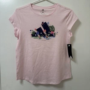 NWT Adidas Girls Tropical Logo Short Sleeve T Shirt Pink Sz Large(14) 14.5x23.5 - Picture 1 of 4
