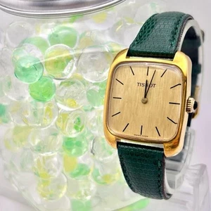 Tissot Manual Wind Gold Tonneau Boys Watch 32.5mm Vintage Green Strap Unisex - Picture 1 of 7