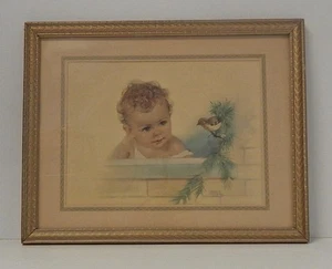 Florence Kroger Vintage Framed Print AN EARLY CALLING Baby & Bird in Pine Tree - Picture 1 of 8