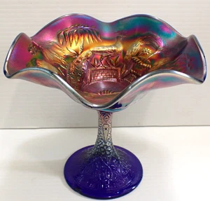 Northwood Peacock At The Fountain Blue Carnival Glass Tazza, Compote, Comport - Picture 1 of 14