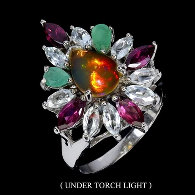 925 Sterling Silver Ring Pear Fire Opal 9x7mm Aquamarine Gemstone Jewelry Size 9 - Image 1 of 4