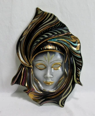 Vintage Ceramic Oriental Decorative Hanging Wall Mask Glitter Gold Accents - Image 1 of 4