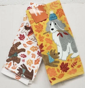 2 DIFFERENT TERRY TOWELS (16.5"x26") DOGS & LEAVES IN THE FALL, KO - Zdjęcie 1 z 12