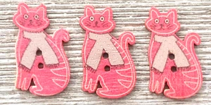 3 Red Cat Gray Scarf Buttons Sewing Crafting Wood 2 Hole 1 1/8" - Picture 1 of 2