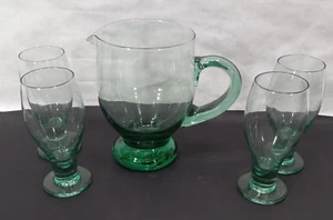 Vintage Hand Blown Green Pitcher and Drinking Glasses Goblets Set of 5 Mint - Picture 1 of 6