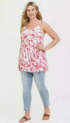 * Torrid  IVORY FLORAL CHALLIS SMOCKED BABYDOLL CAMI   Sz 0 NEW - Imagem 1 de 3
