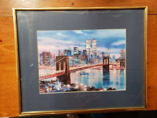 Brooklyn Bridge Twin Towers New York Skyline Framed Matted Color Photo