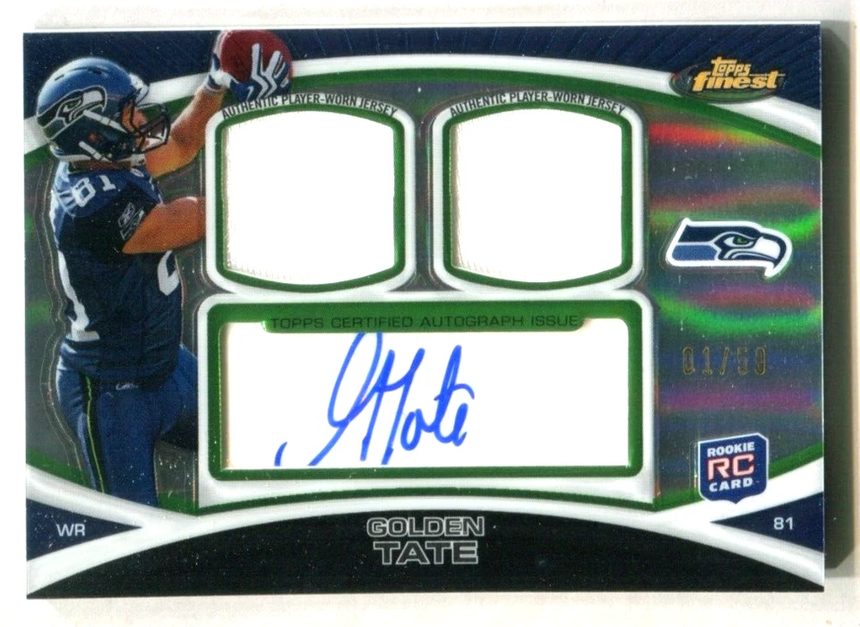 2010 Finest Dual Jersey Autographs Black Refractors Golden Tate 1/50 A45 171 - Image 1 of 2