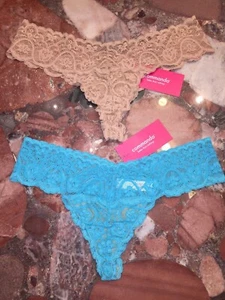 Commando Tulip Beige Blue Seamless Lace Classic Women's Thong Panties Set 2 NWT - Picture 1 of 9