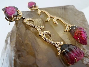 Natural Multi Tourmaline Carved Leaves Diamond 18K Yellow Gold Dangle Earring - Picture 1 of 7