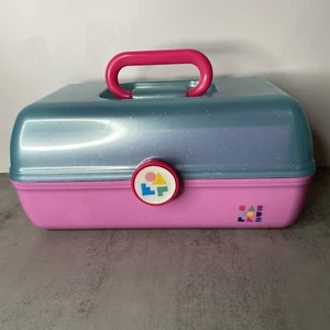 Vintage Caboodles Makeup Case Glittery Blue over Pink 12" x 7" x 6" USA Made - Picture 1 of 11