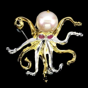 925 Sterling Silver Brooch Pendant Round Ruby Pearl Natural Gemstone Octopus - Picture 1 of 13