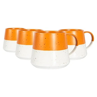 4x Getaucht Meliert Steingut Bauch Tassen Rustikal Tee Tassen-Set 370ml Orange - Bild 1 von 4