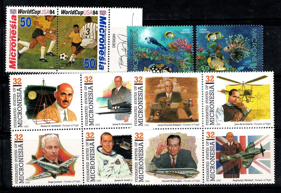 Micronesia 1994-95 Mi. 369, 402,406 MNH 100% World Cup, fish, aviation pioneers - Image 1 of 1